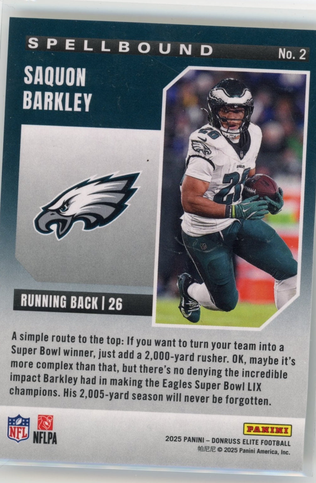 2025 Donruss Elite Saquon Barkley #2 Spellbound Silver /799  Philadelphia Eagles