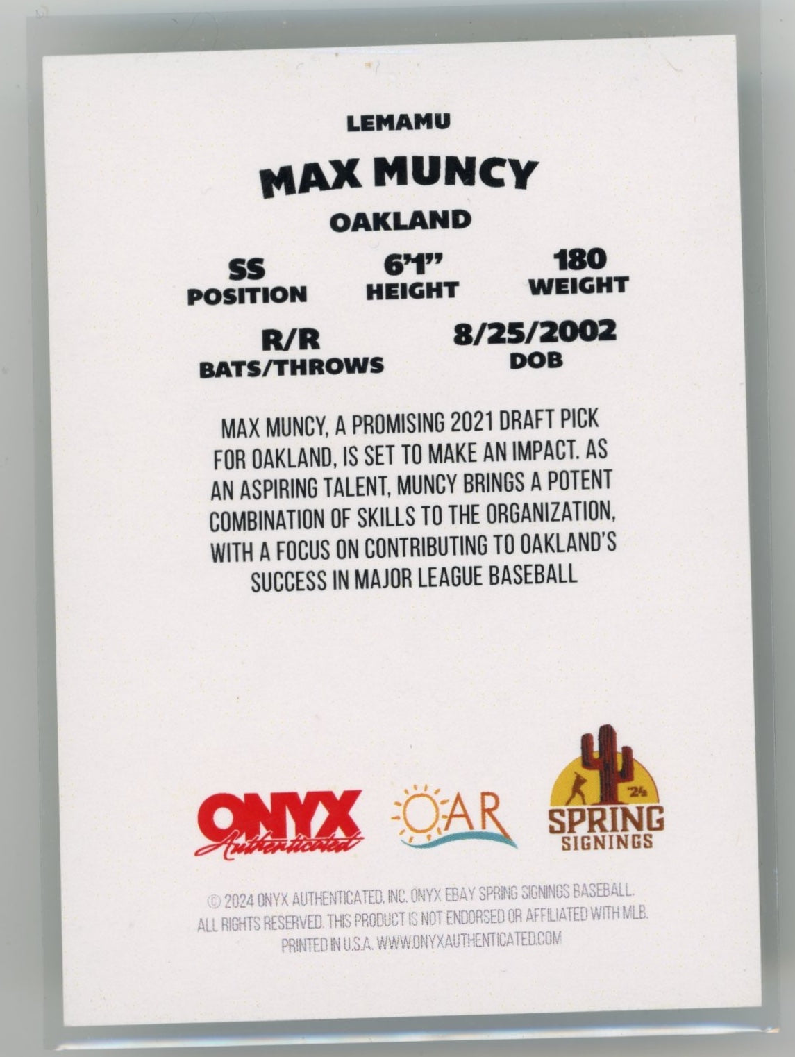 2024 Onyx Limited Spring Signings Max Muncy #LEMAMU Oakland Athletics