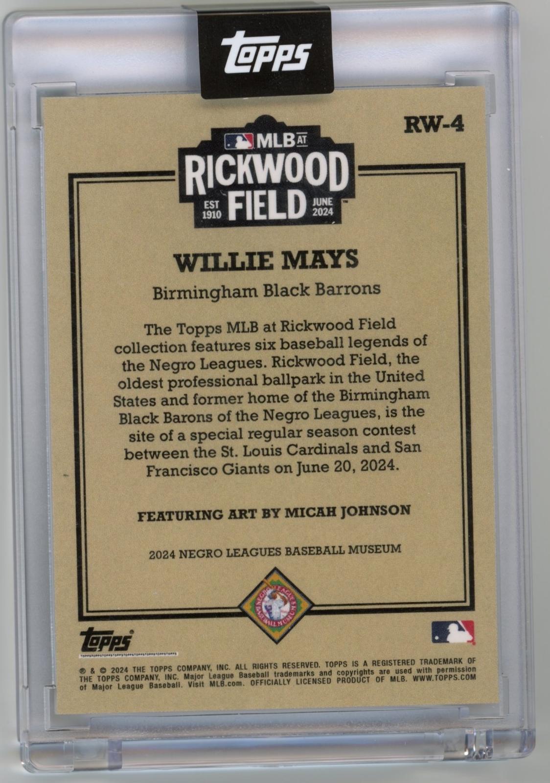 2024 Topps Rickwood Field Willie Mays #RW-4 Thick Stock Birmingham Black Barons