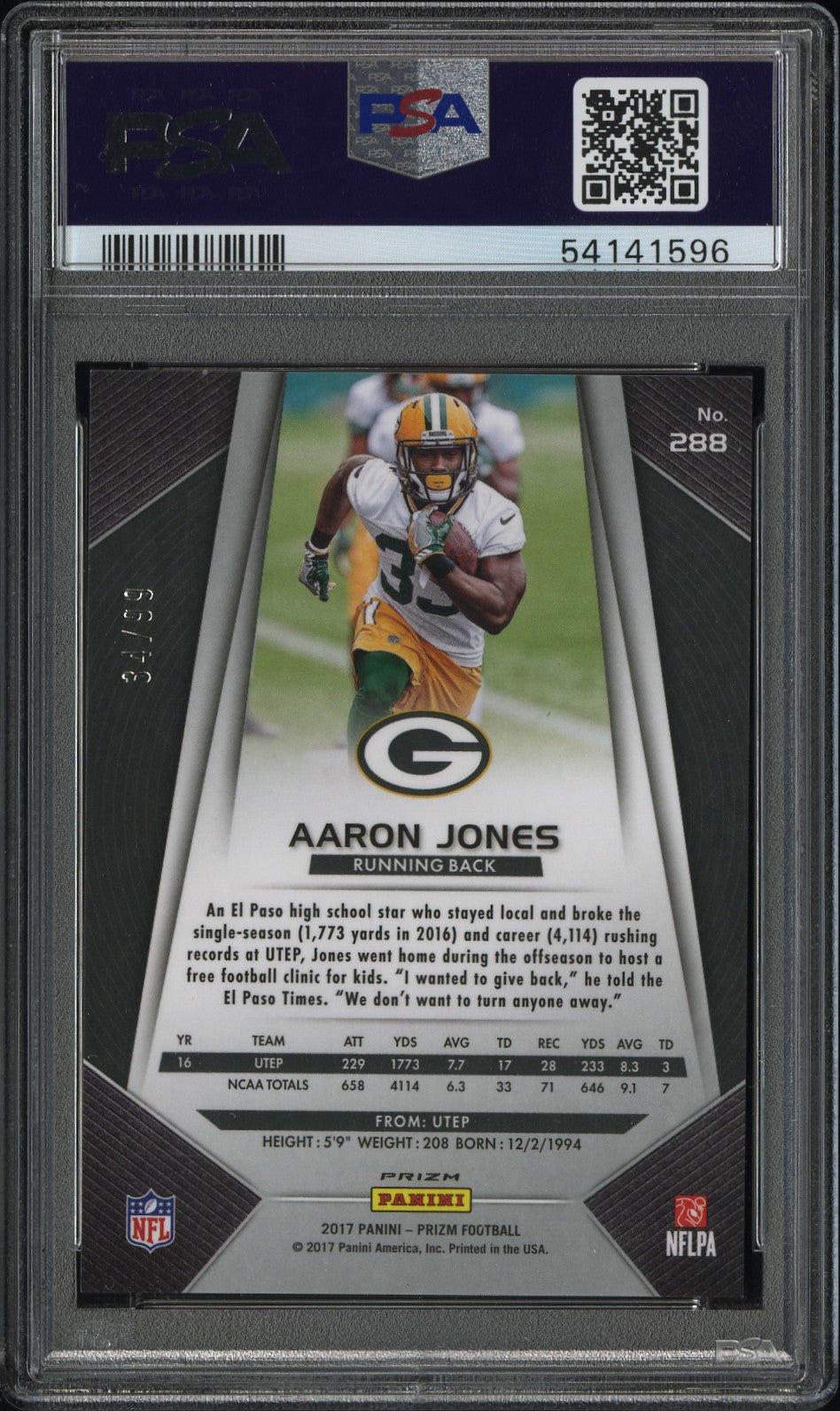 2017 Panini Prizm Aaron Jones #288 Green Scope Prizm PSA 10 Green Bay Packers