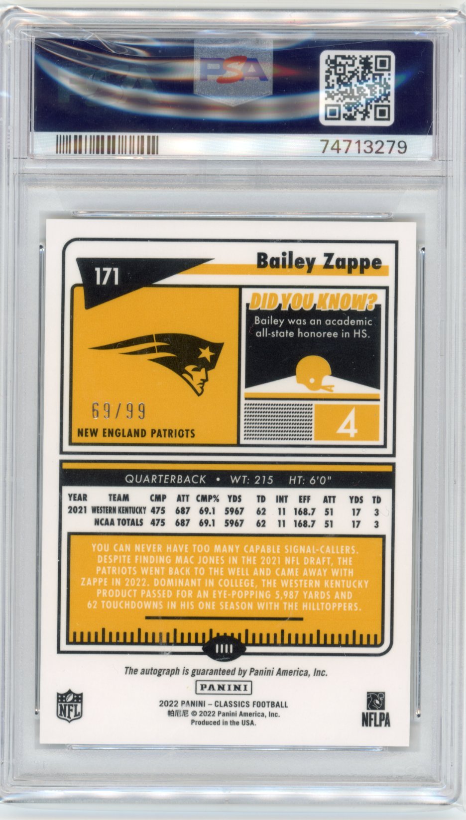 2022 Panini Classics Bailey Zappe RC #171 - Autograph Gold #/99 PSA 10 Patriots