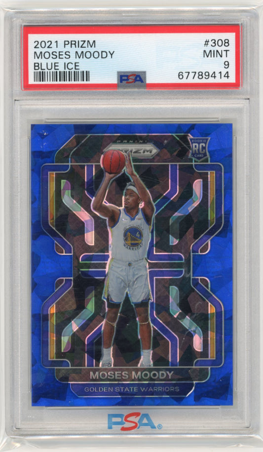 2021 Prizm Moses Moody RC #308 - Blue Cracked Ice #/125 PSA 9 Warriors