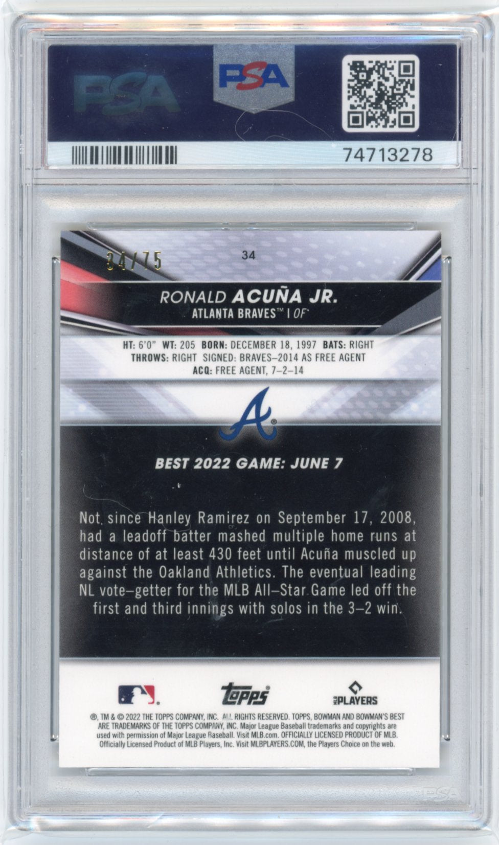 2022 Bowman's Best Ronald Acuna Jr. #34 - Gold Lava #/75 PSA 9 Braves