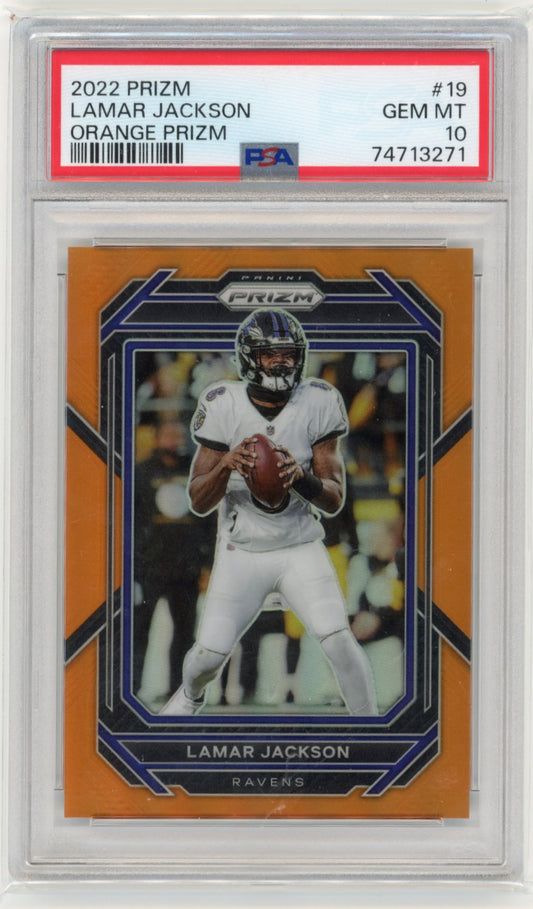 2022 Panini Prizm Lamar Jackson #19 - Orange Prizm #/249 PSA 10