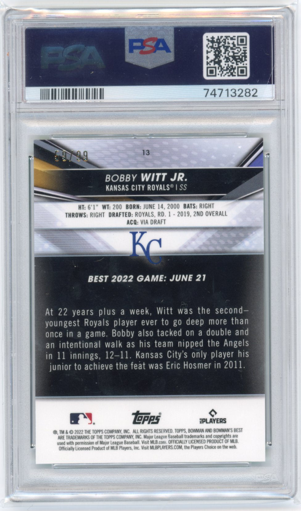 2022 Bowman's Best Bobby Witt Jr. RC #13 - Green Mini Diamond #/99 PSA 8 Royals