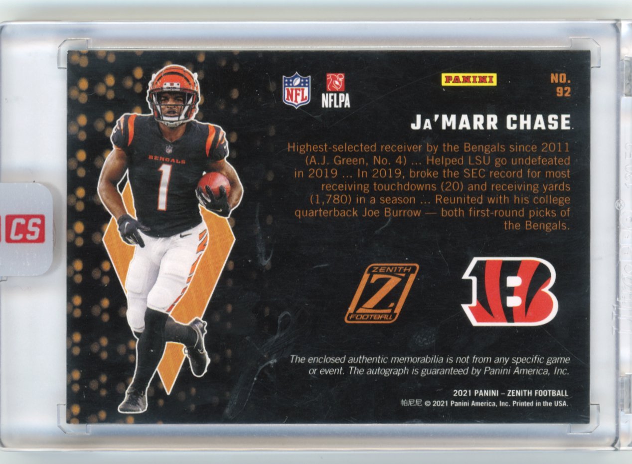 2021 Panini Zenith Ja'Marr Chase RC #92 - Patch Autograph #/99 Bengals