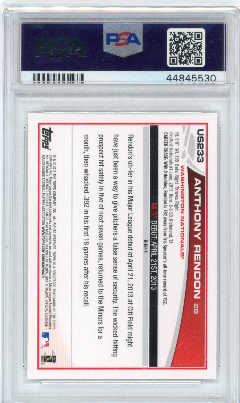 2013 Topps Update Anthony Rendon RC #US233 - PSA 10 Angels