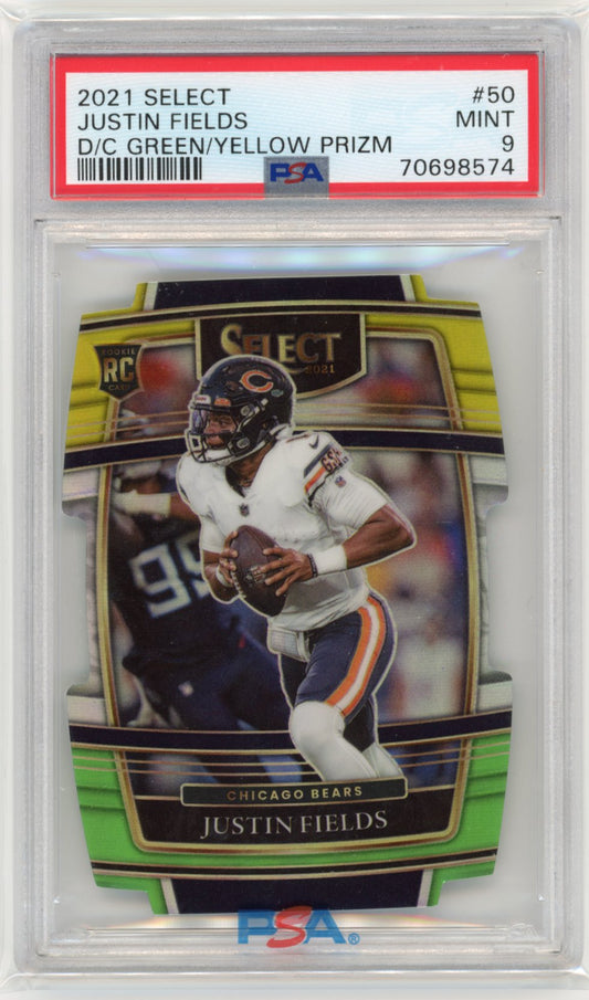 2021 Panini Select Justin Fields RC #50 - Die Cut Green/Yellow PSA 9 Bears