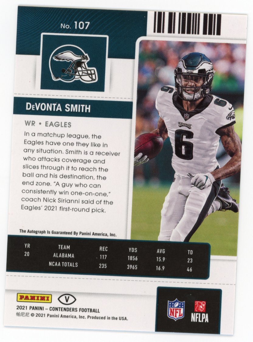 2021 Panini Contenders DeVonte Smith Rookie Ticket RC #107 - Autograph Red Zone Eagles