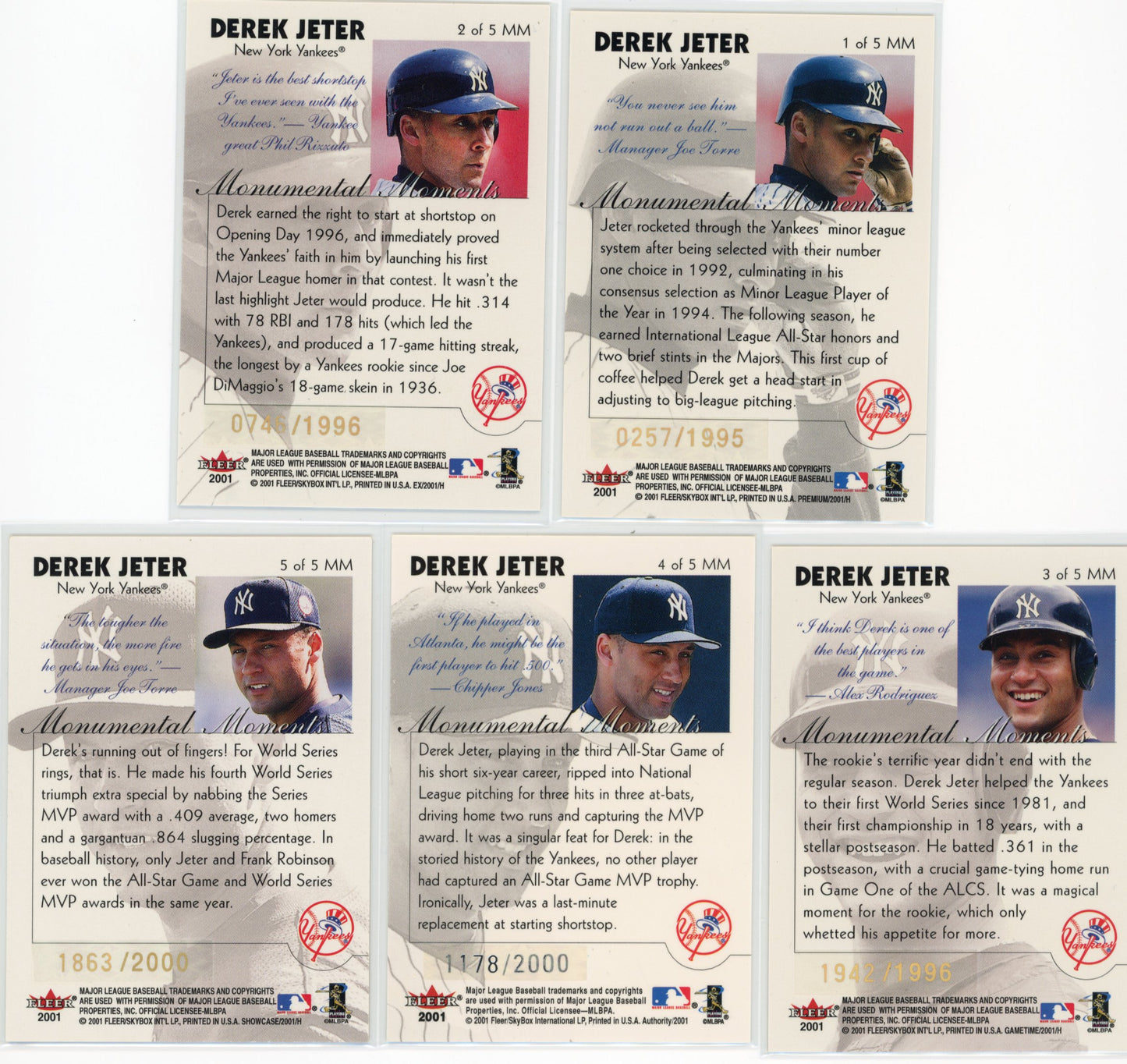 2001 Fleer Premium Derek Jeter Monumental Moments #1-5 - Yankees 5 Card Set