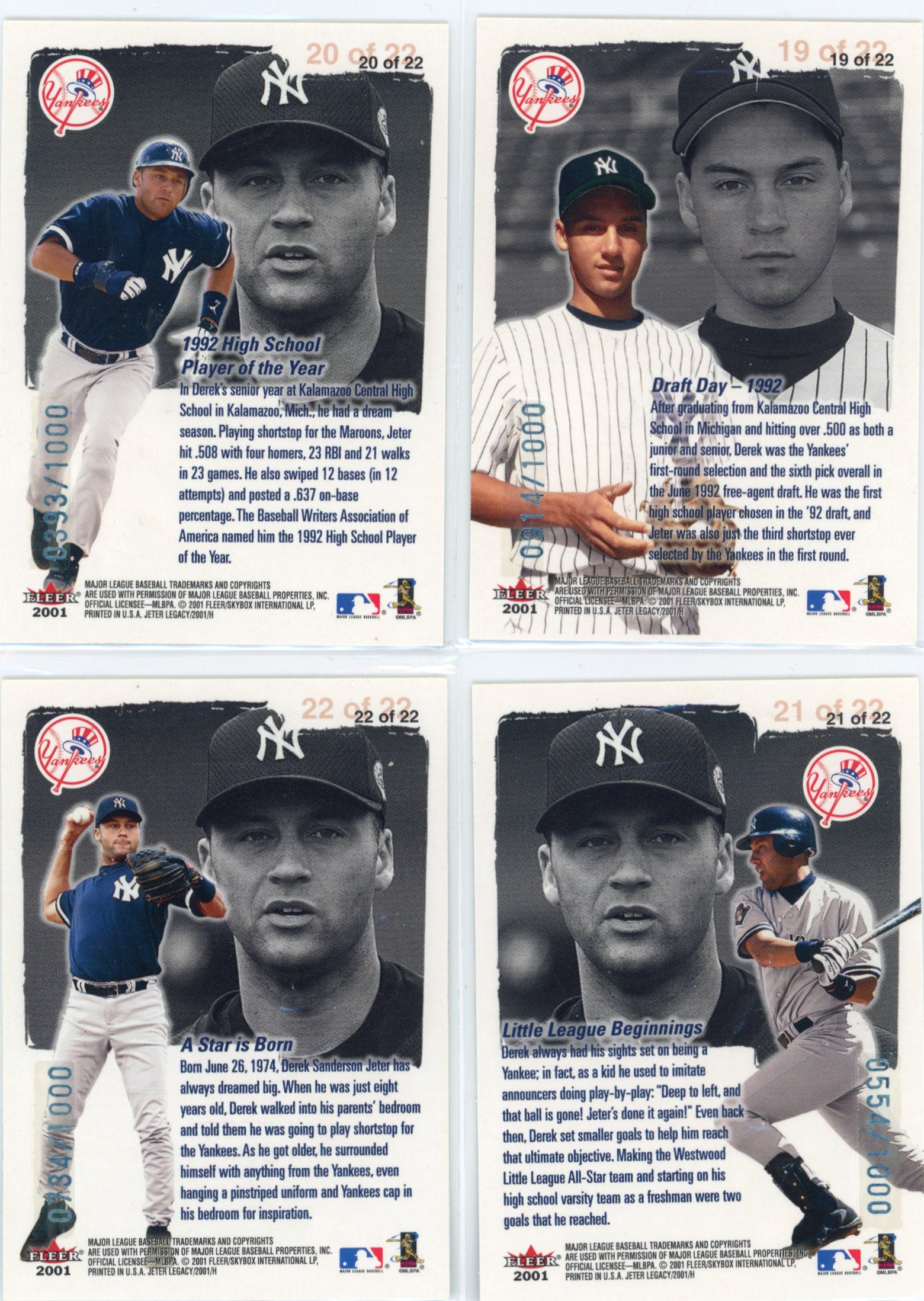 2001 Fleer Legacy Derek Jeter Collection #1-22 - #/1000 22 Card Set