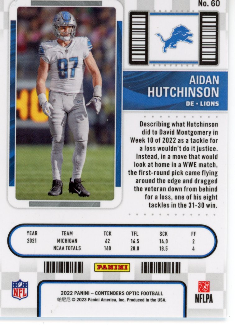 2022 Panini Contenders Optic Aidan Hutchinson Rookie Ticket RC #60 - Silver Lions