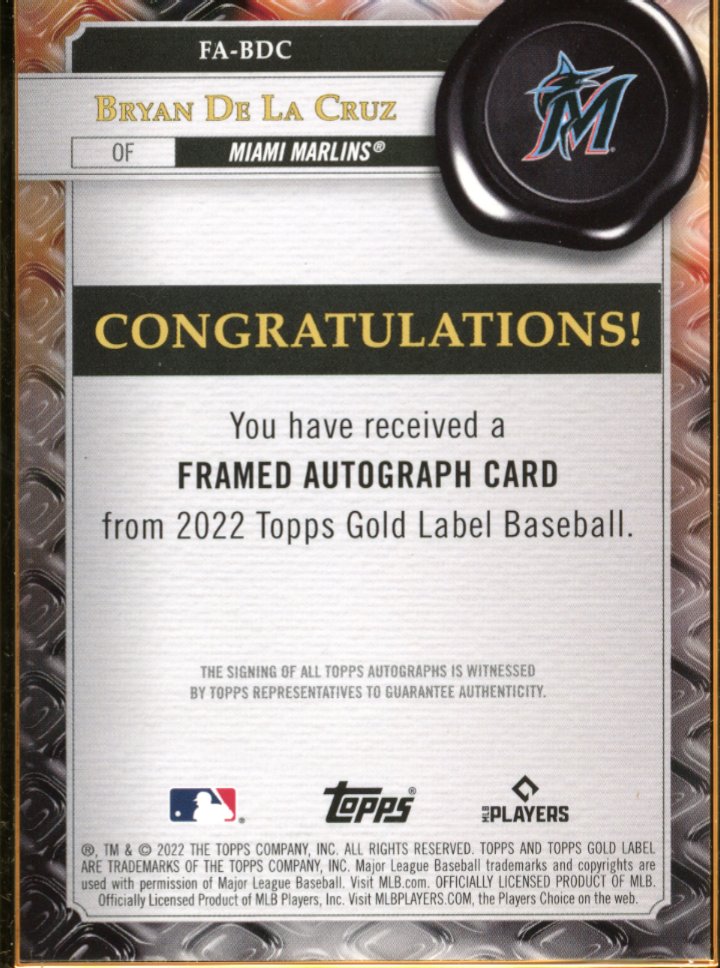 2022 Topps Gold Label Bryan De La Cruz RC #FA-BDC - Framed Autograph Marlins