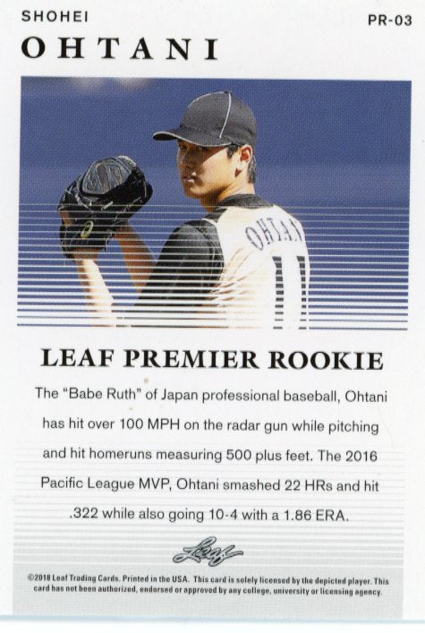 2018 Leaf Premier Rookie Shohei Ohtani RC #PR-03 - Dodgers