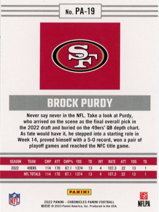 2022 Panini Chronicles Brock Purdy RC #PA-19 - 49ers