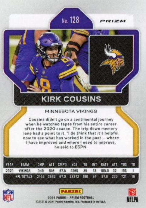 2021 Panini Prizm Kirk Cousins #128 - White Sparkle