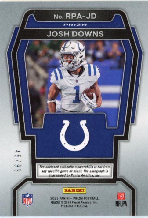 2023 Panini Prizm Josh Downs RC #RPA-JD - Silver Autograph Relic #/99 Colts