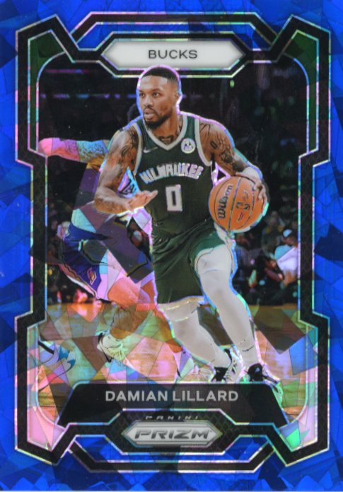 2023/24 Panini Prizm Damian Lillard #35 - #/125 Blue Cracked Ice Bucks