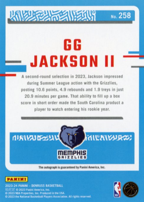 2023/24 Panini Donruss GG Jackson II Rated Rookie RC #258 - Autograph Grizzlies