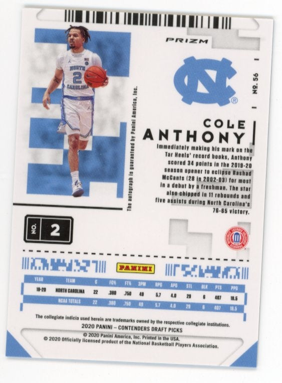 2020 Panini Contenders Draft Picks Cole Anthony Prospect Ticket #56 - Silver Autograph UNC