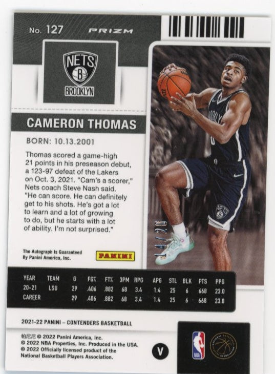 2021/22 Panini Contenders Cameron Thomas Rookie Ticket RC #127 - Autograph Blue #/20 Nets