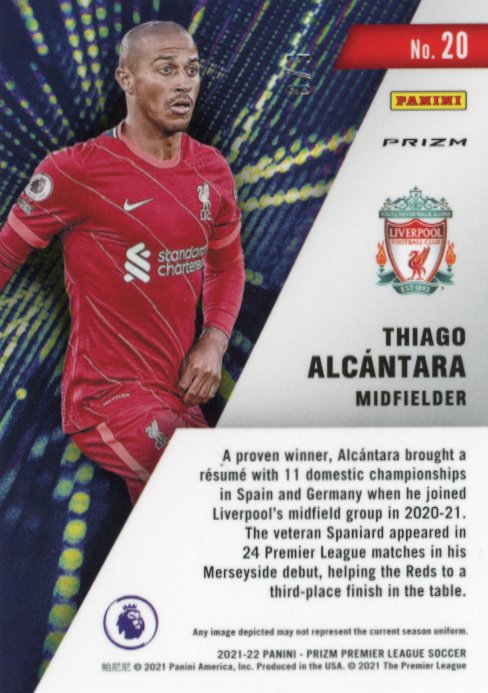 2021/22 Panini Prizm Premier League Thiago Alcantara Instant Impact #20 - Blue #/8 Liverpool