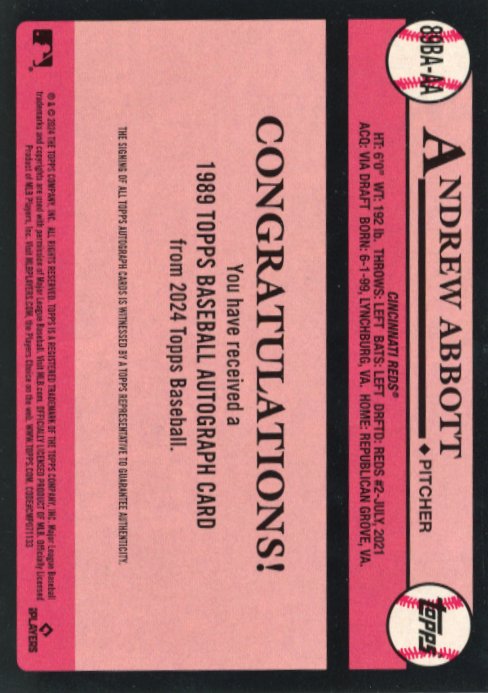 2024 Topps Andrew Abbott RC #89BA-AA - Autograph Reds