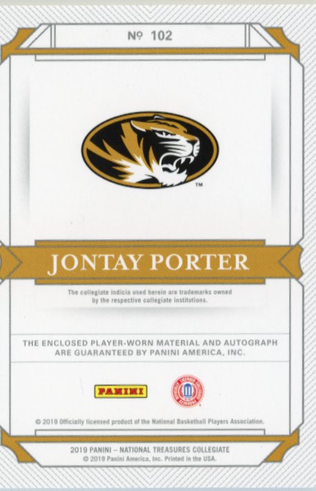 2019 Panini National Treasures Collegiate Jontay Porter RC #102 - Patch Autograph #/25