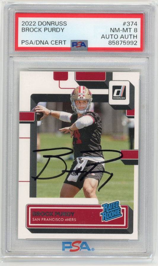 2022 Panini Donruss Brock Purdy Rated Rookie RC #374 - Autograph PSA 8 49ers