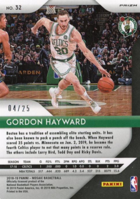 2018/19 Panini Mosaic Gordon Hayward #32 - Camo #/25 Celtics