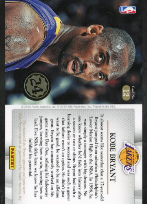 2012 Panini Anthology Kobe Bryant #12 - Autograph Relic #/24 Lakers