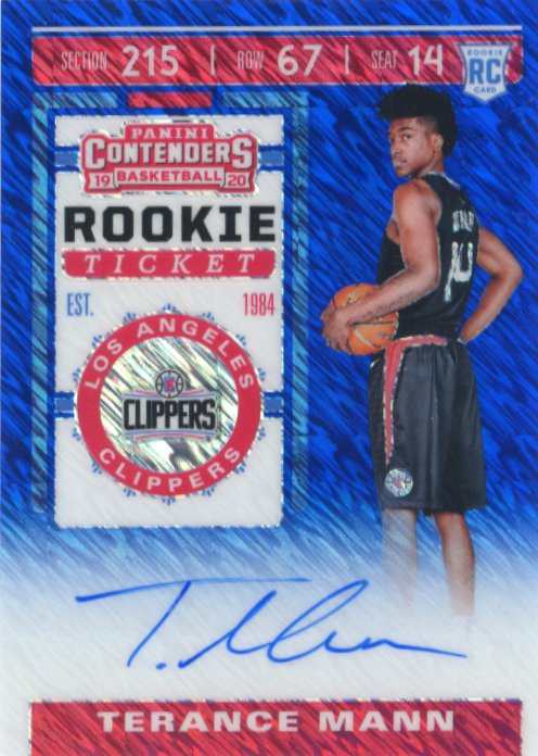 2019/20 Panini Contenders Terance Mann Rookie Ticket RC #135 - Autograph Blue Shimmer#/20 Clippers