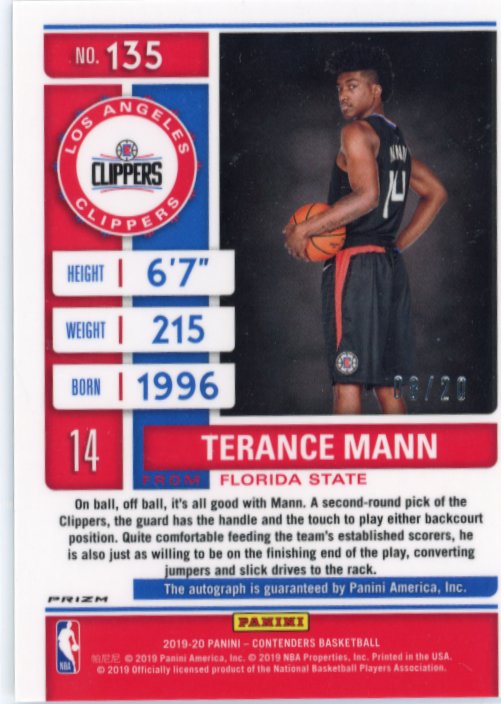 2019/20 Panini Contenders Terance Mann Rookie Ticket RC #135 - Autograph Blue Shimmer#/20 Clippers