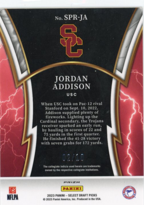 2023 Panini Select Draft Picks Jordan Addison Sparks RC #SPR-JA - #/10 USC