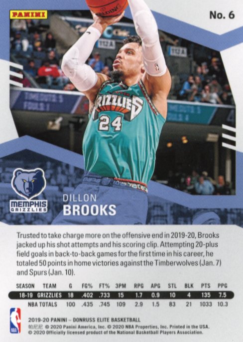 2019/20 Panini Donruss Elite Dillon Brooks #6 - Gold #/10 Grizzlies