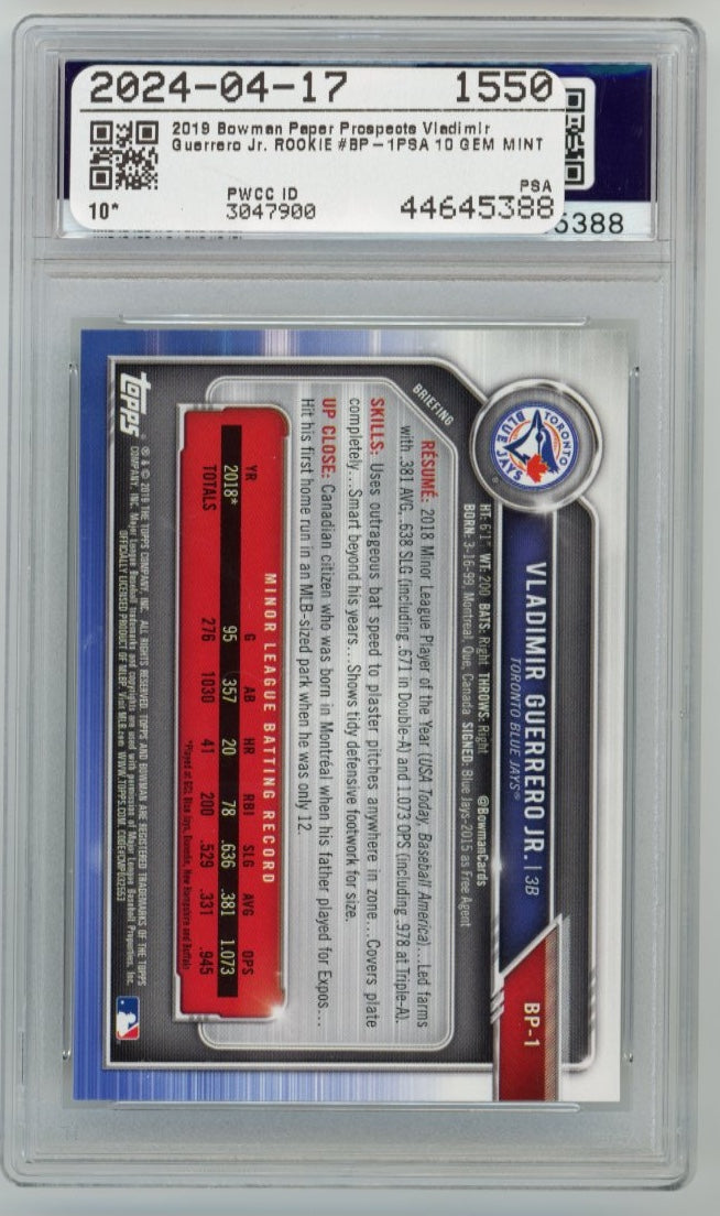 2019 Bowman Vladimir Guerrero Jr. #BP-1 - PSA 10 Blue Jays