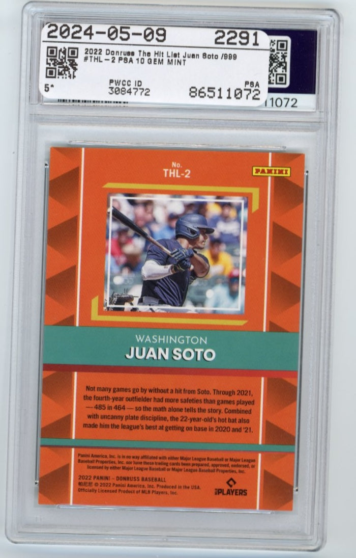 2022 Panini Donruss Juan Soto The Hit List #THL-2 - #/999 PSA 10 Nationals