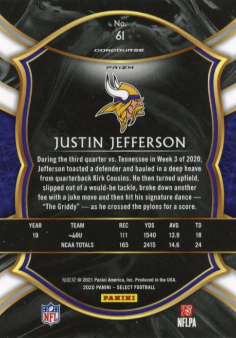2020 Panini Select Justin Jefferson Concourse RC #61 - Silver Vikings