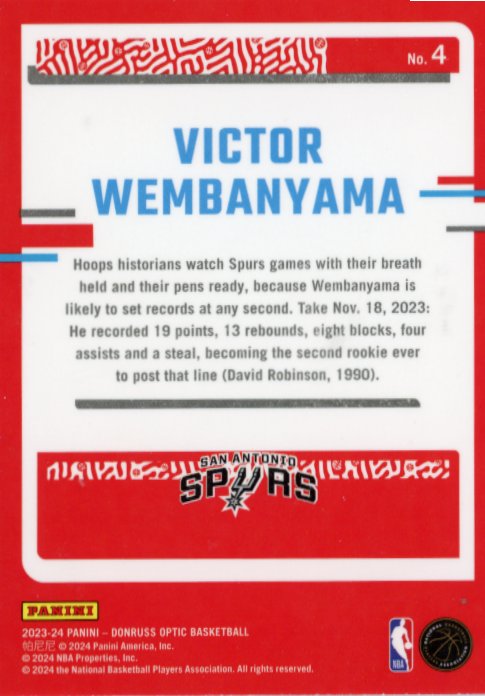 2023/24 Panini Donruss Optic Victor Wembayama The Rookies RC #4 - Spurs