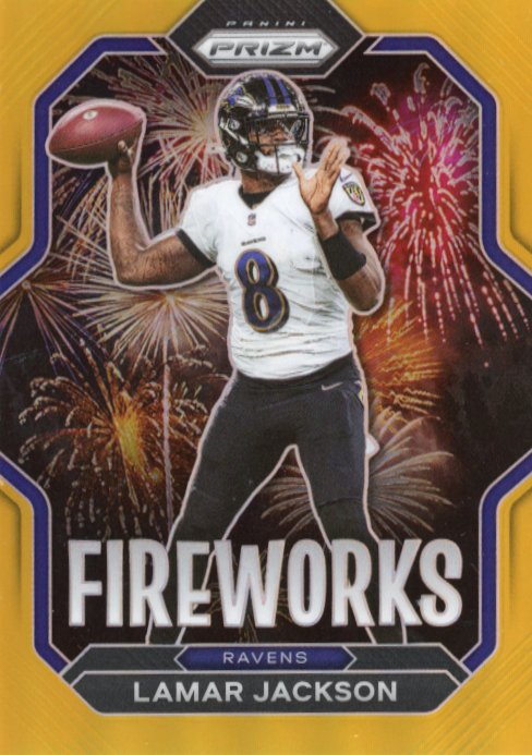 2022 Panini Prizm Lamar Jackson Fireworks #F-7 - #/10 Gold Ravens