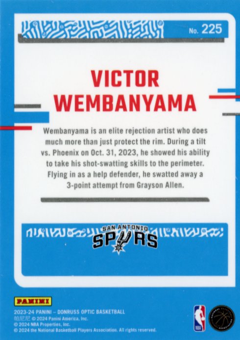 2023/24 Panini Donruss Optic Victor Wembanyama Rated Rookie RC #225 - Spurs