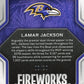 2022 Panini Prizm Lamar Jackson Fireworks #F-7 - #/10 Gold Ravens