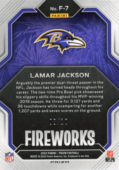 2022 Panini Prizm Lamar Jackson Fireworks #F-7 - #/10 Gold Ravens