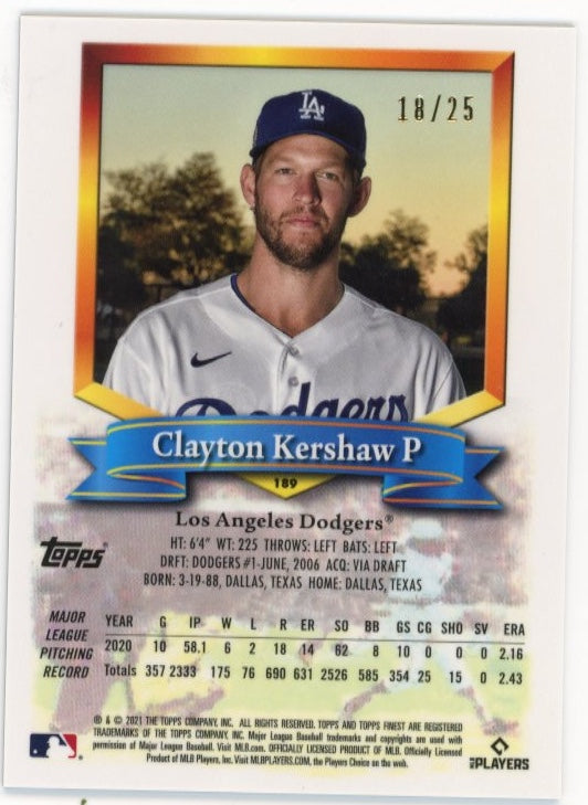 2021 Topps Finest Clayton Kershaw #189 - Black #/25 Dodgers