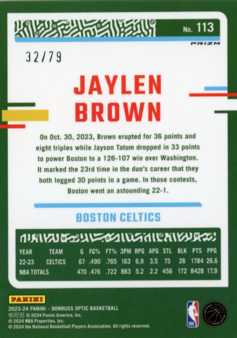 2023/24 Panini Donruss Optic Jaylen Brown #113- Pink #/79 Celtics