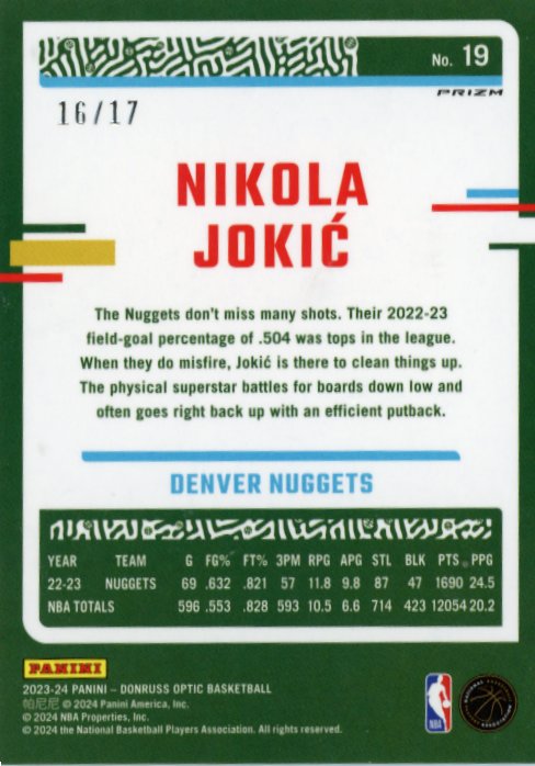 2023/24 Panini Donruss Optic Nikola Jokic #19 - #/17 Purple Stars Nuggets