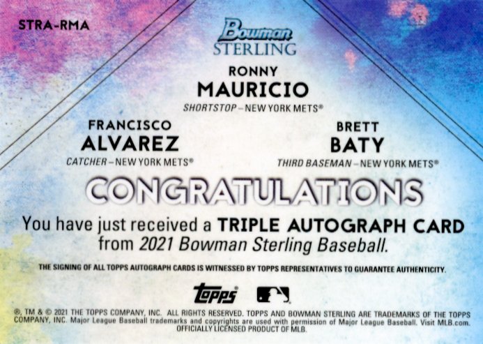 2021 Topps Bowman Sterling Ronny Mauricio Francisco Alvarez Brett Baty #STRA-RMA - Triple Autograph Mets