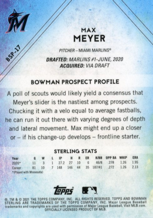 2021 Topps Bowman Sterling Max Meyer #BSP-17 - #/5 Red Marlins