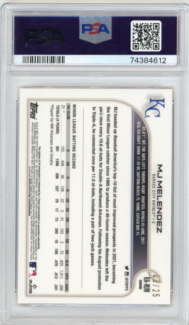 2022 Topps Chrome MJ Melendez #RA-MJM - Autograph Orange #/25 PSA 9 Royals