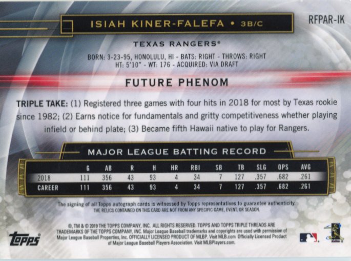 2019 Topps Triple Threads Isiah Kiner-Falefa #RFPAR-IK - Autograph Triple Relic #/99 Rangers